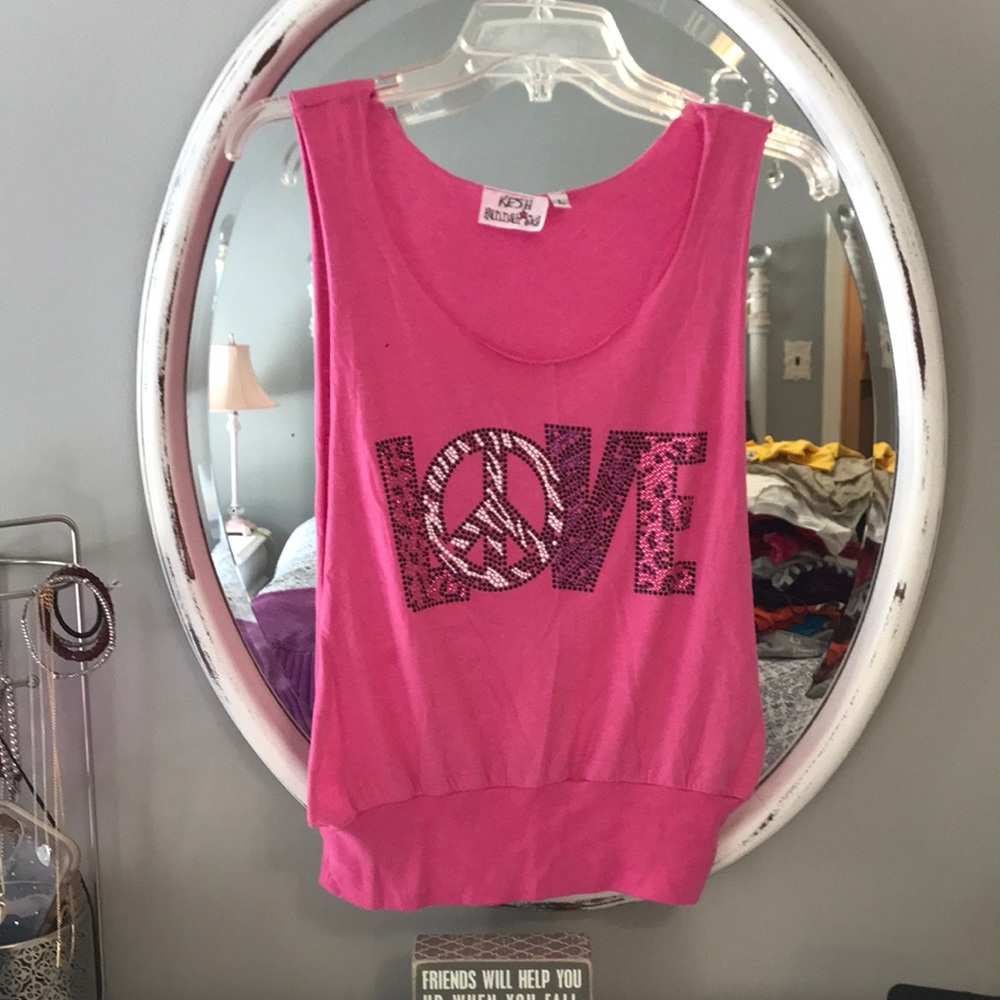Hot pink open sided tank- Love rhinestones
